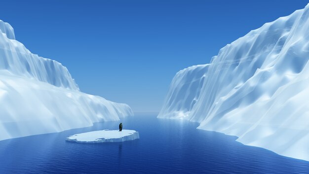 3D rendent d&#39;un pingouin sur un iceberg flottant