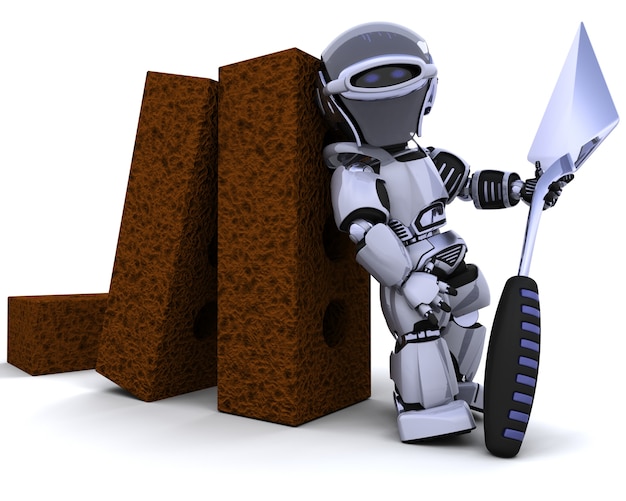 Photo gratuite 3d rendent d'un robot avec des briques et truelle