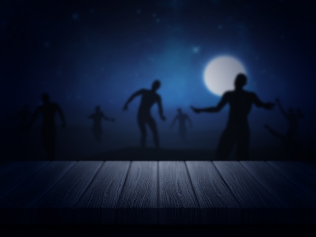 3d rendent d'une table en bois donnant sur un zombie paysage fantasmagorique de halloween