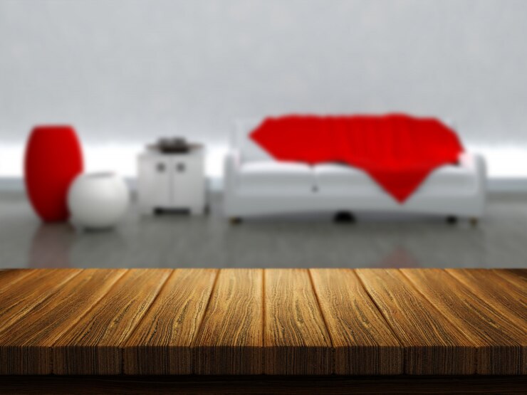 Photo gratuit 3d rendent d&#39;une table en bois avec un intérieur de chambre à l&#39;arrière-plan