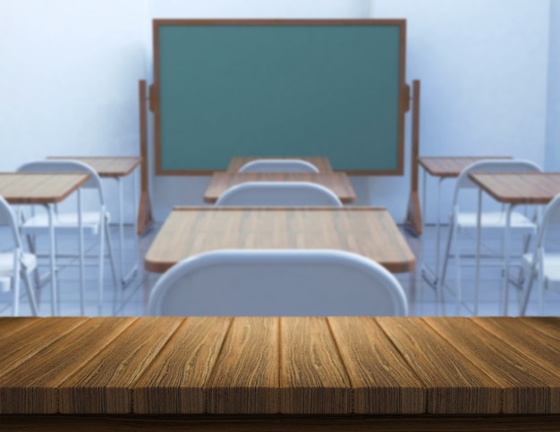 3D rendent d&#39;une table en bois avec une salle de classe défocalisé en arrière-plan