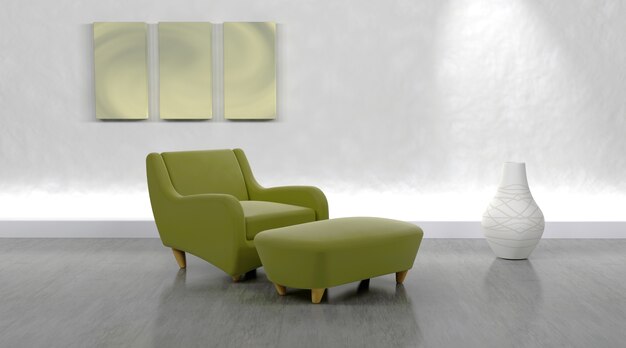 3d render du fauteuil contemporain et pouf dans un cadre moderne