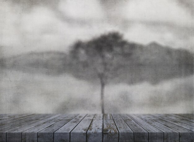 3D render d&#39;une image grunge avec table en bois donnant sur un arbre dans la rivière encore