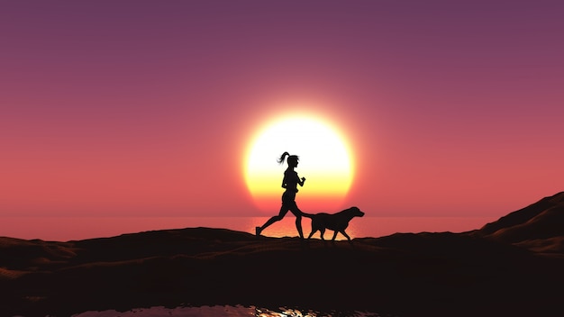 3D render de jogging femme avec son chien au coucher du soleil