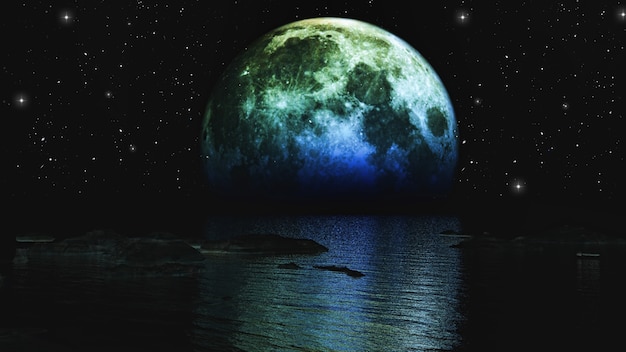 3D render de la lune se couchant sur la mer