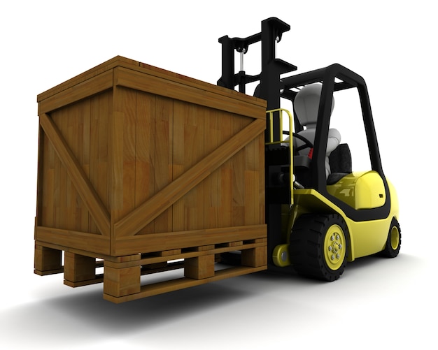 Photo gratuite 3d render of man driving fork lift truck isolated on white