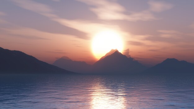 3D render of mountains against a sunset sky