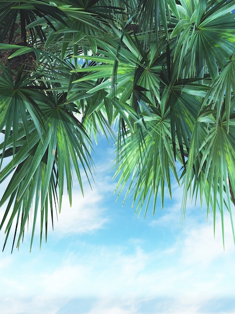 3D render of palm tree leaves against a blue sky