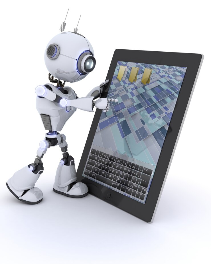 Photo gratuit 3d render d'un robot avec tablette portable