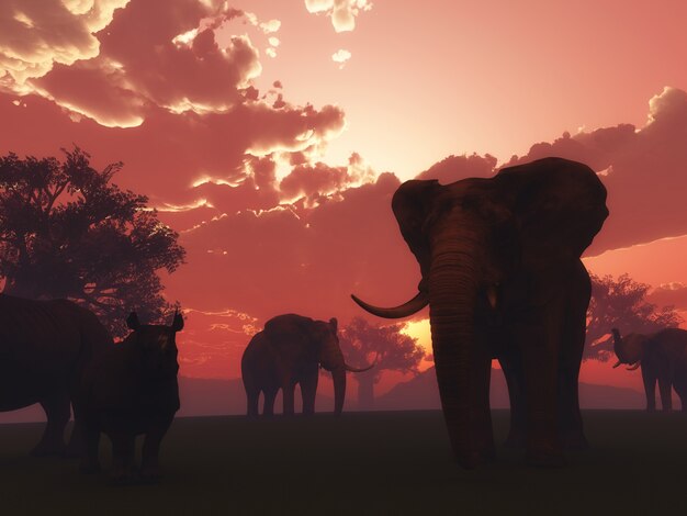 3D rendu d&#39;animaux sauvages dans un paysage de coucher de soleil