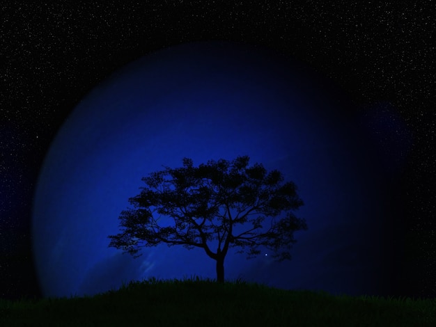 3D rendu d&#39;un paysage d&#39;arbre contre une planète fictive dans un ciel nocturne