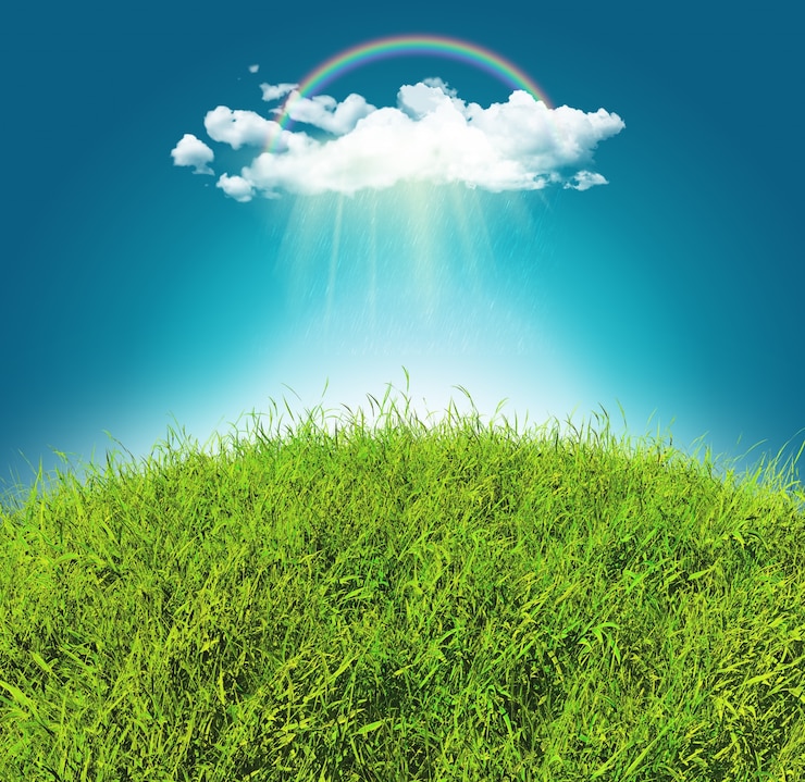Photo gratuit 3d rendu d&#39;un paysage herbeux courbé avec un arc-en-ciel et un nuage de pluie