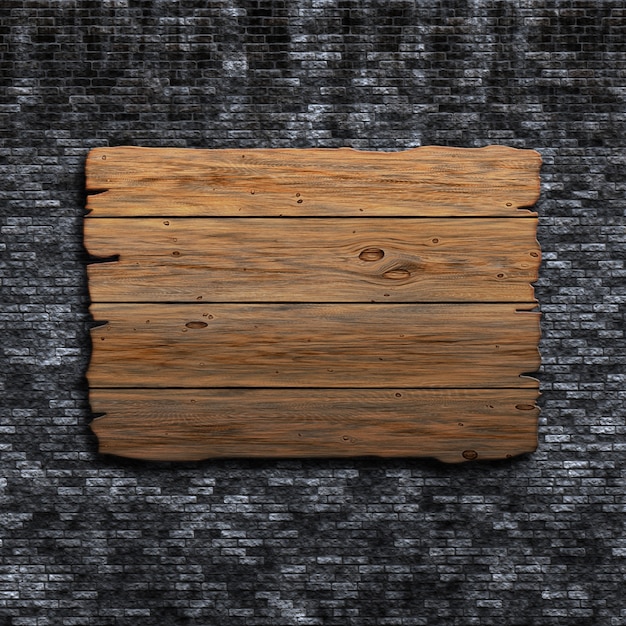 3D rendu d&#39;un vieux panneau en bois contre un mur de briques grunge