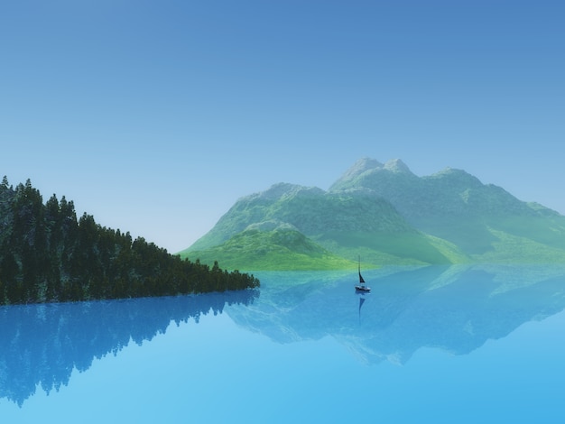 Photo gratuite 3d rendu d'un yacht dans l'eau encore bleue contre un paysage d'arbre et de colline