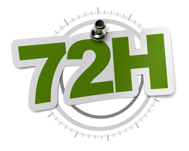 72h, soixante-douze heures autocollant sur un cadran de montre gris, image sur fond blanc