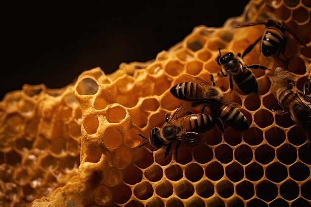 Abeilles sur un rayon de miel fabriqué par la ruche.