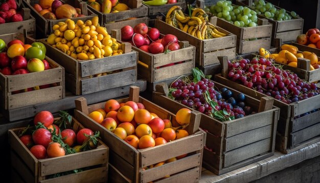 Abondance de fruits mûrs juteux dans un grand panier généré par l'IA