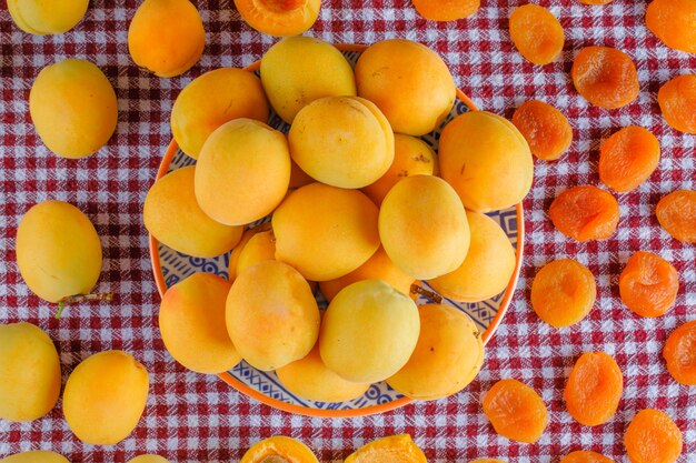 Abricots aux abricots secs dans une assiette sur une toile de pique-nique, à plat.