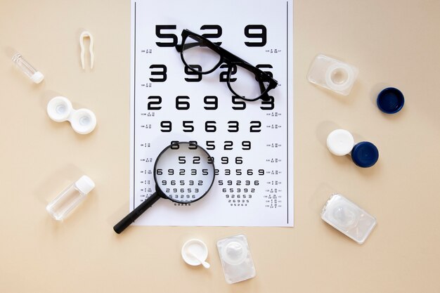 Accessoires de soins oculaires vue de dessus sur fond beige avec tableau de nombres