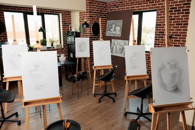 Activités de loisirs créatives et cours d'art de groupe, intérieur de l'académie de dessin. Intérieur de l'école d'art vide avec des chevaux en bois debout en rangée, pas de gens. Leçons de dessin au crayon, éducation aux arts visuels