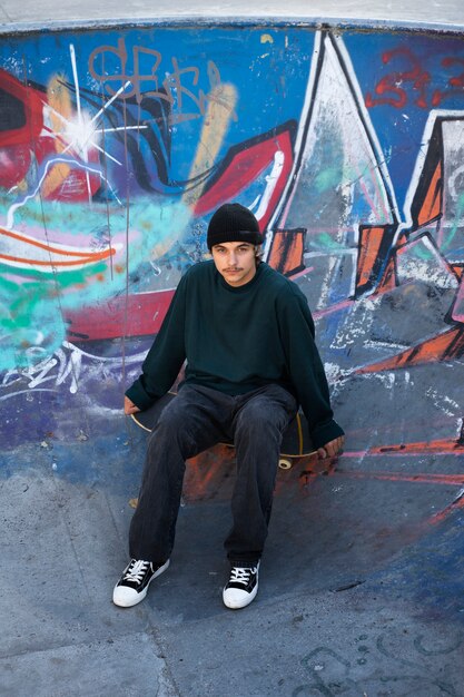 Adolescent assis dans un skatepark à angle élevé