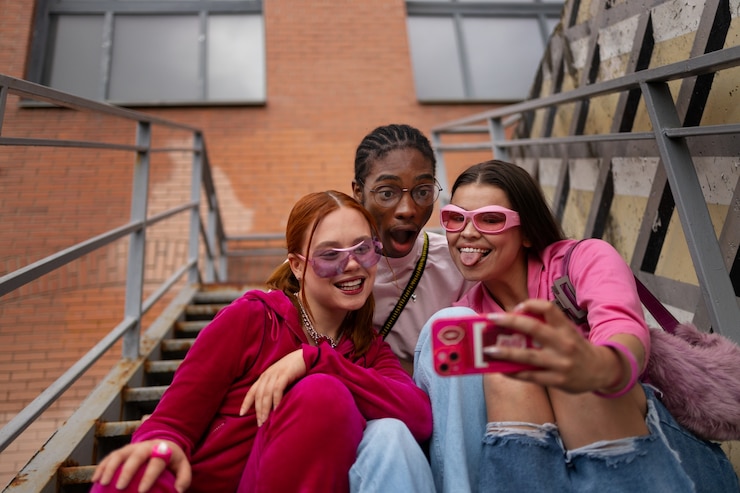 Photo gratuit des adolescents prenant un selfie à angle bas
