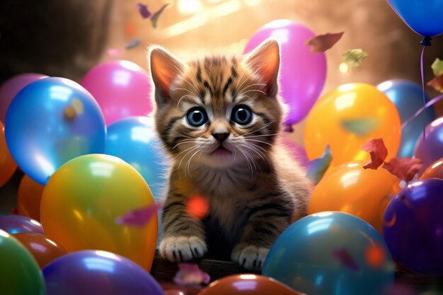 Adorable chaton avec des ballons