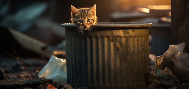 Adorable chaton dans une poubelle