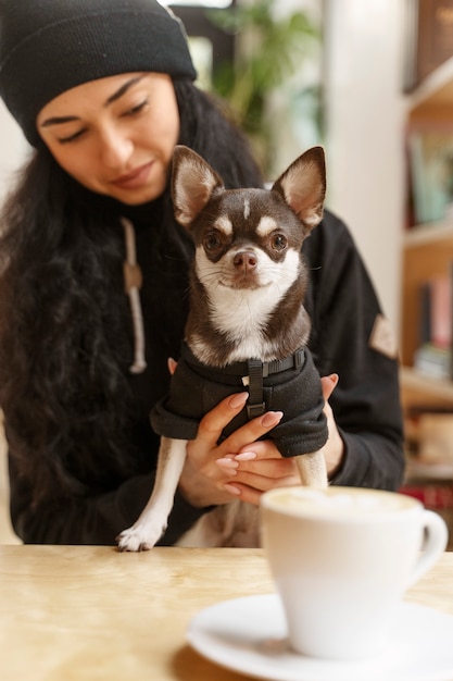 Photo gratuite adorable chien chihuahua avec une femme propriétaire