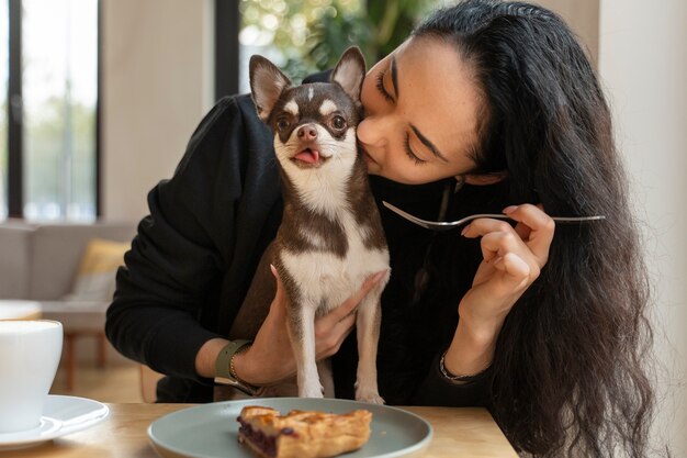 Adorable chien chihuahua avec une femme propriétaire