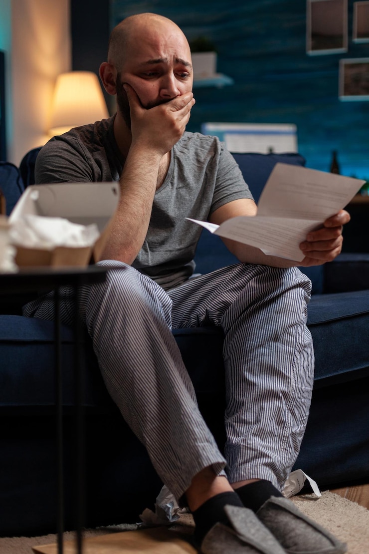 Photo gratuit un adulte désespéré et frustré s'inquiétant de la lettre d'avis d'expulsion, se sentant triste à propos de la crise financière. homme anxieux souffrant de dépression chronique devant payer des impôts, lisant le papier d'avertissement de la banque.