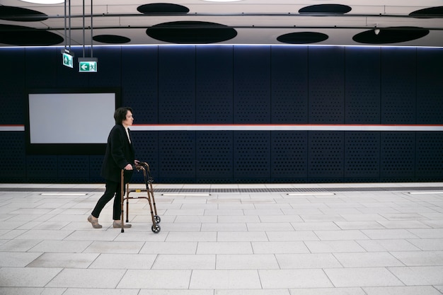 Photo gratuite adulte plein coup avec déambulateur à la station de métro