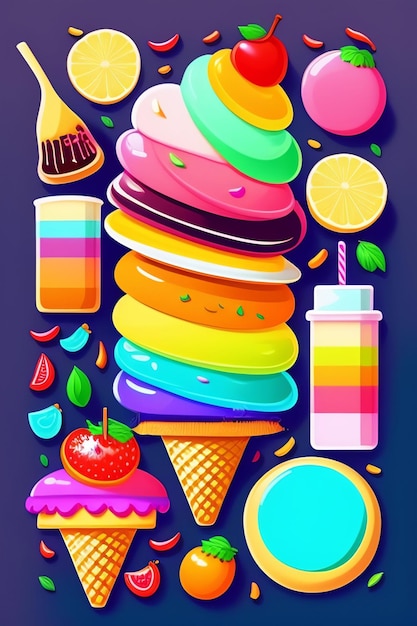 Photo gratuite une affiche pour un cornet de crème glacée arc-en-ciel avec une fraise, un citron, une fraise et un citron sur le dessus.