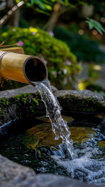 Photo gratuite affiche verticale avec une fontaine de sozu dans un jardin de roche japonais idée pour carte postale ou bannière