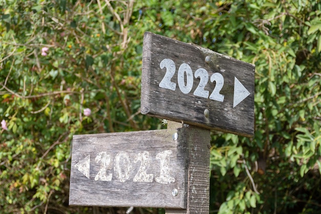 Affiches de signalisation indiquant la fin de l'année 2021 et le début de l'année 2022