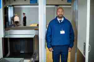 Photo gratuite agent de sécurité de l'aéroport debout dans la porte du détecteur de métaux