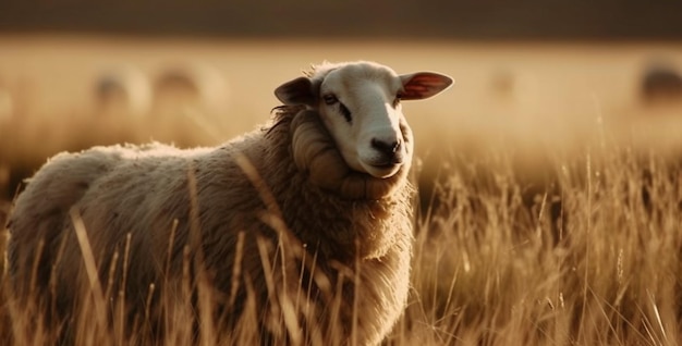 Un agneau curieux regarde le coucher du soleil sur un pré de ferme généré par l'IA