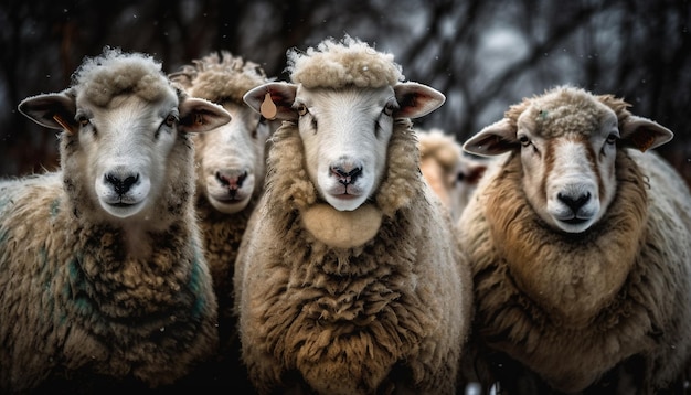 Agneaux mignons broutant sur un pré vert généré par l'IA