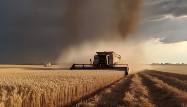 Photo gratuite un agriculteur en activité récolte du blé mûr avec une moissonneuse-batteuse générée par l'ia