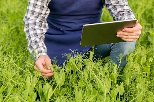 Agriculteur avec gros plan de tablette