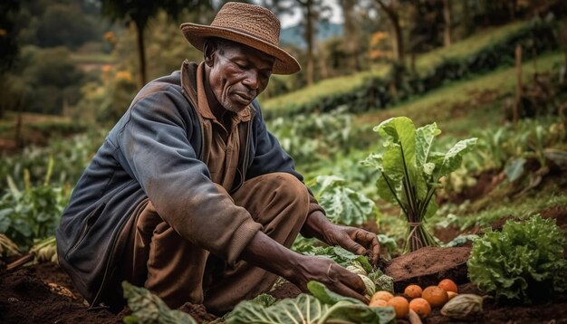 Un agriculteur récolte des légumes biologiques frais à l'extérieur générés par l'IA