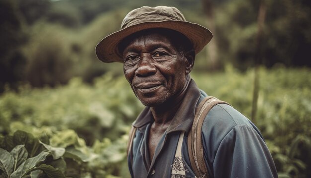 Agriculteur souriant debout dans un environnement forestier rural généré par l'IA