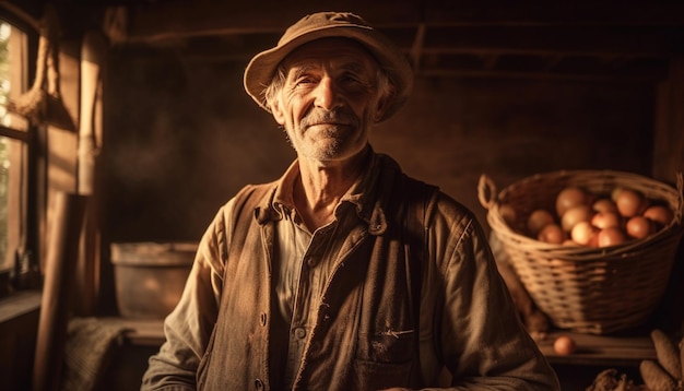 Photo gratuite un agriculteur tenant un panier de fruits frais généré par l'ia