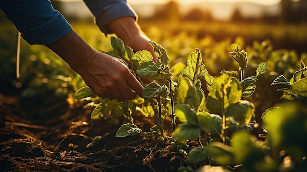 Photo gratuite agriculteur travaillant sur une petite plante poussant dans le champ au coucher du soleil