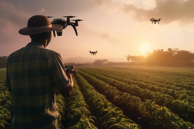 Agriculture Homme travaillant dans la plantation avec un drone au coucher du soleil en arrière-plan