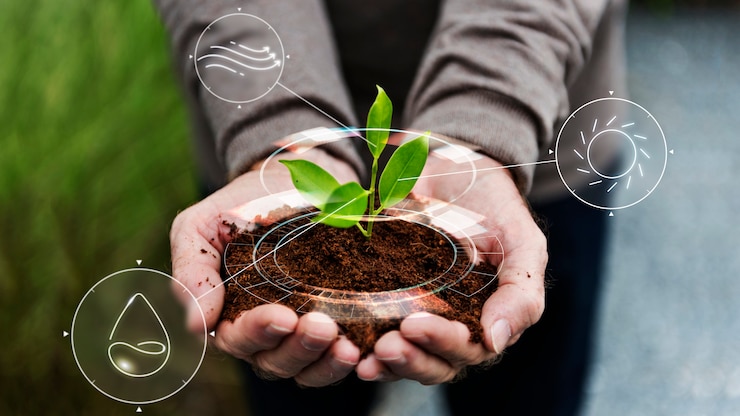 Photo gratuit agriculture intelligente iot avec fond d'arbre de plantation à la main