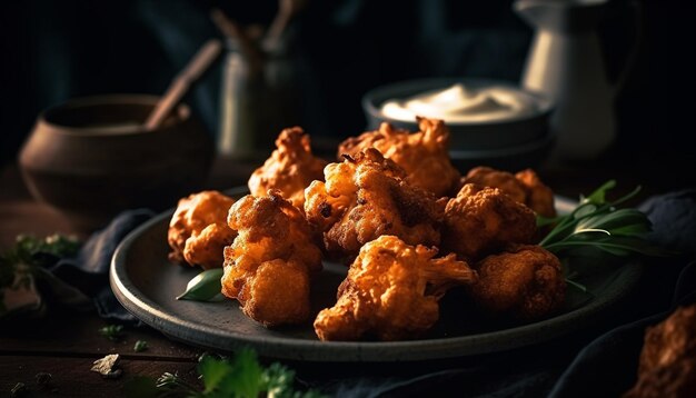 Ailes de poulet frites sur une plaque de bois rustique générée par l'IA