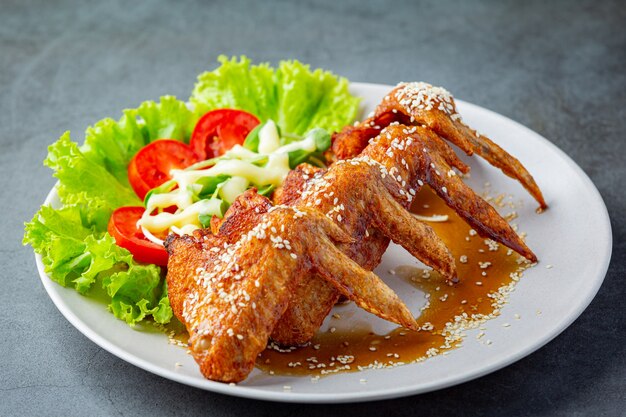 Ailes de poulet frites avec sauce de poisson et sauce de poisson douce.