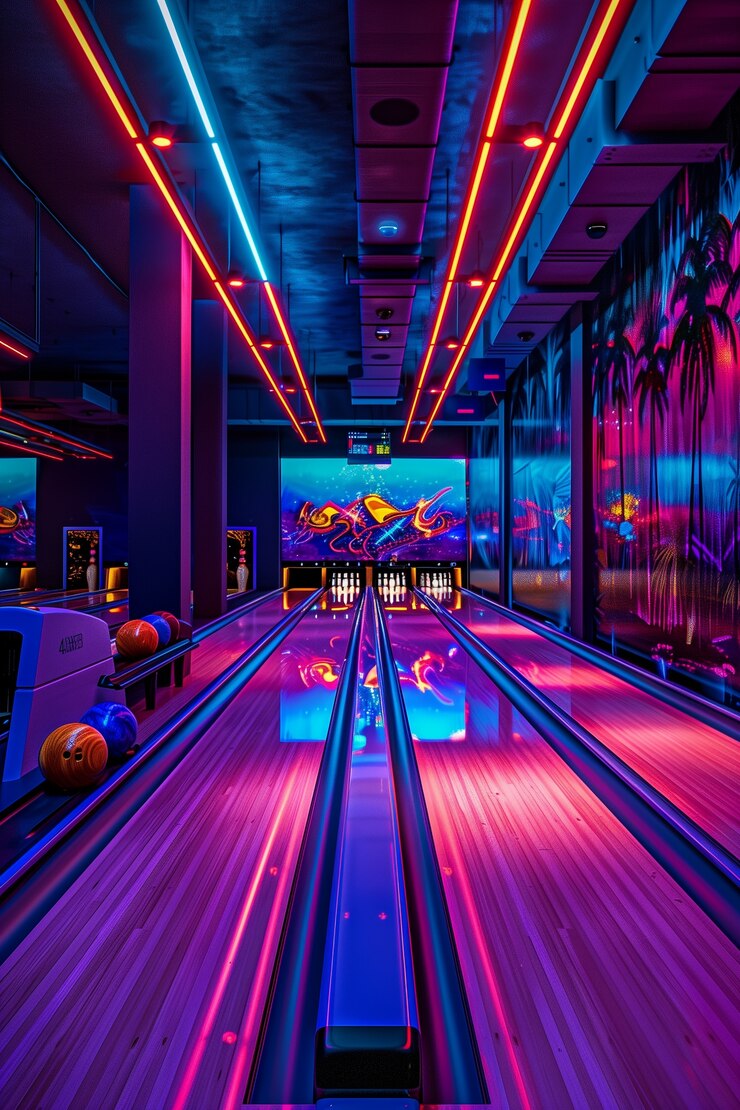 Photo gratuit une allée de bowling avec des néons