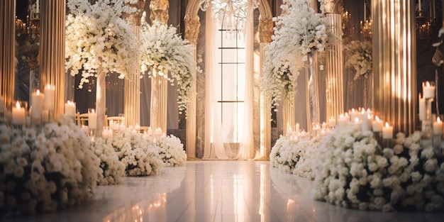 Photo gratuite l'allée du mariage brille de lumière parmi les fleurs